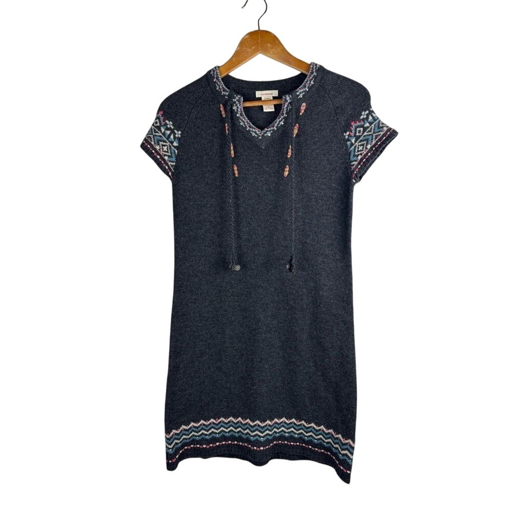 Sundance XS Lapland Nordic Fair Isle Lambswool Sweater Dress Embroidered Gray